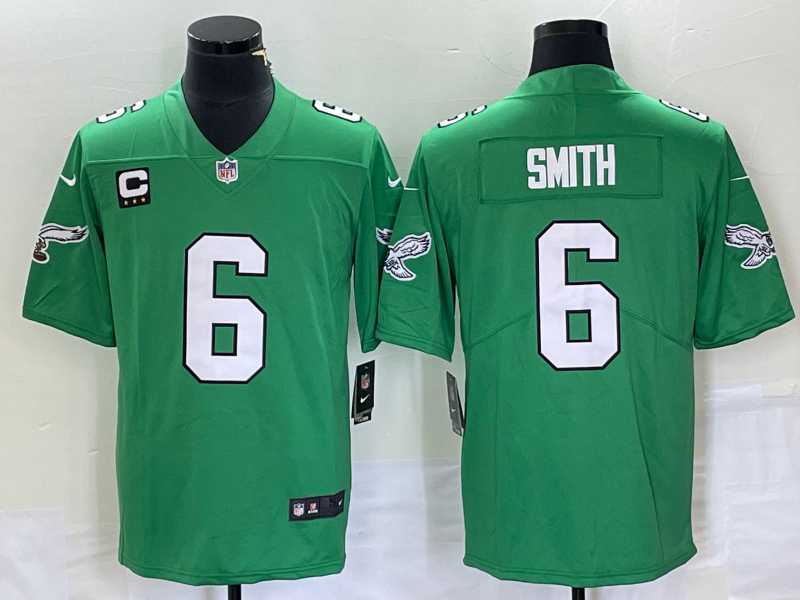 Mens Philadelphia Eagles #6 DeVonta Smith Green C Patch 2023 Vapor Limited Throwback Jersey